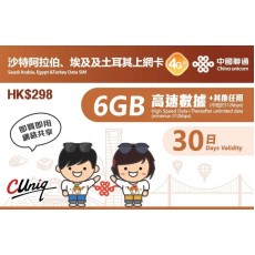中國聯通 (沙特阿拉伯、埃及、土耳其) 6GB 30日卡